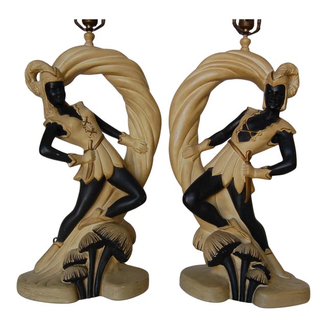 Saxon Crusader Robin Hood Chalkware Sculpture Continental Table Lamp, Pair For Sale