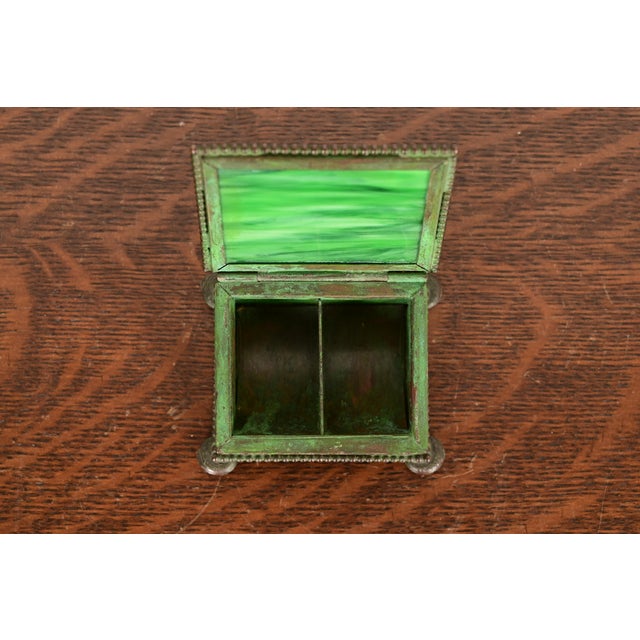 Apollo Studios New York Arts & Crafts Grapevine Pattern Bronze and Slag Glass Stamp Box For Sale In South Bend - Image 6 of 12