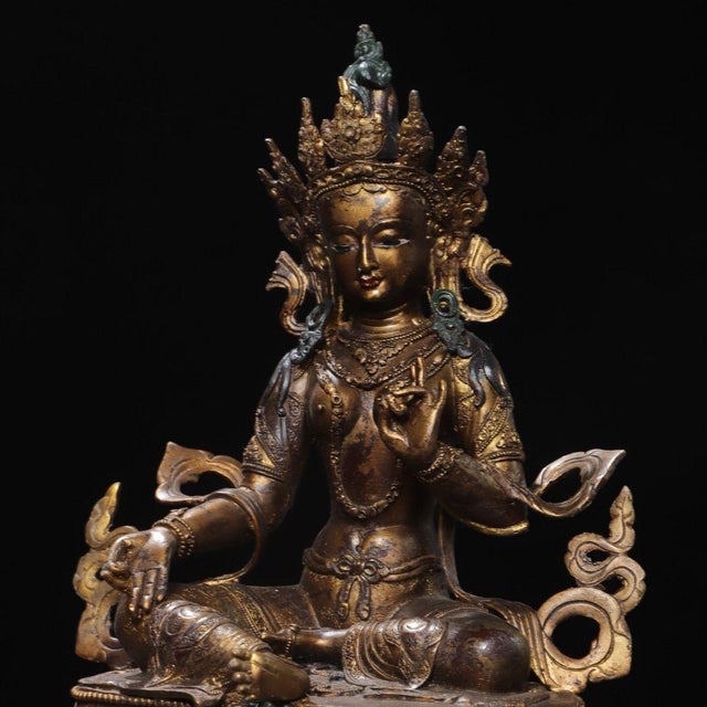 Large Vintage Gilt Bronze Green Tara Statue / Tibetan Buddhist Figure For Sale - Image 4 of 9