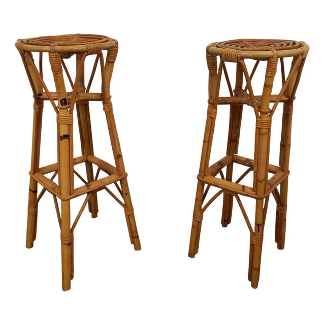 Vintage Rattan Stools, 1960s, Set of 2 For Sale