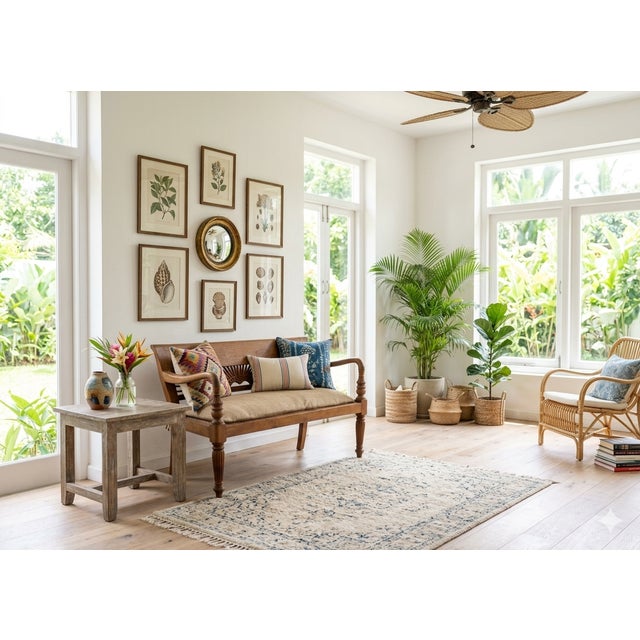Elegant Anglo-Indian style settee crafted in warm honey-toned hardwood with gracefully scrolled arms, finely turned and...