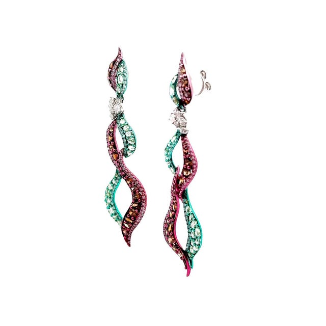 Contemporary 18k Gold Green & Pink Rhodium Diamond Dangle Earrings - 2 Pieces For Sale - Image 3 of 3