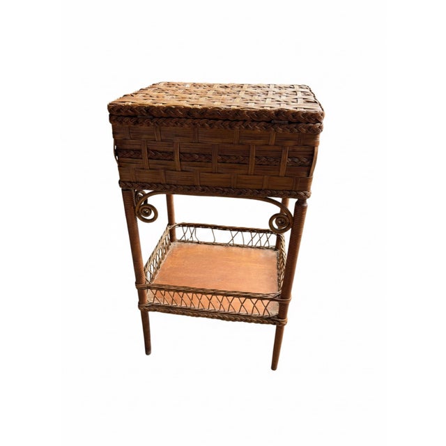 1900s Antique Heywood Brothers & Wakefield Co. Wicker Sewing Basket Stand For Sale - Image 9 of 10