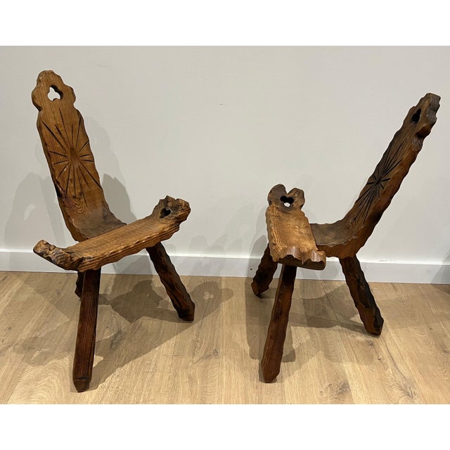 Brutalist Pair of low three-legged brutalist chairs. French work. Circa 1950 For Sale - Image 3 of 9