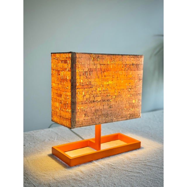 Vintage Italian Postmodern Style Orange Table Lamb With Rectangular Cork Lamp Shade in Style of Memphis Milano Modernist Design For Sale - Image 9 of 12