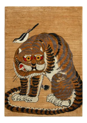 Handknotted Tiger with Perched Bird Rug, 3'6"x5'