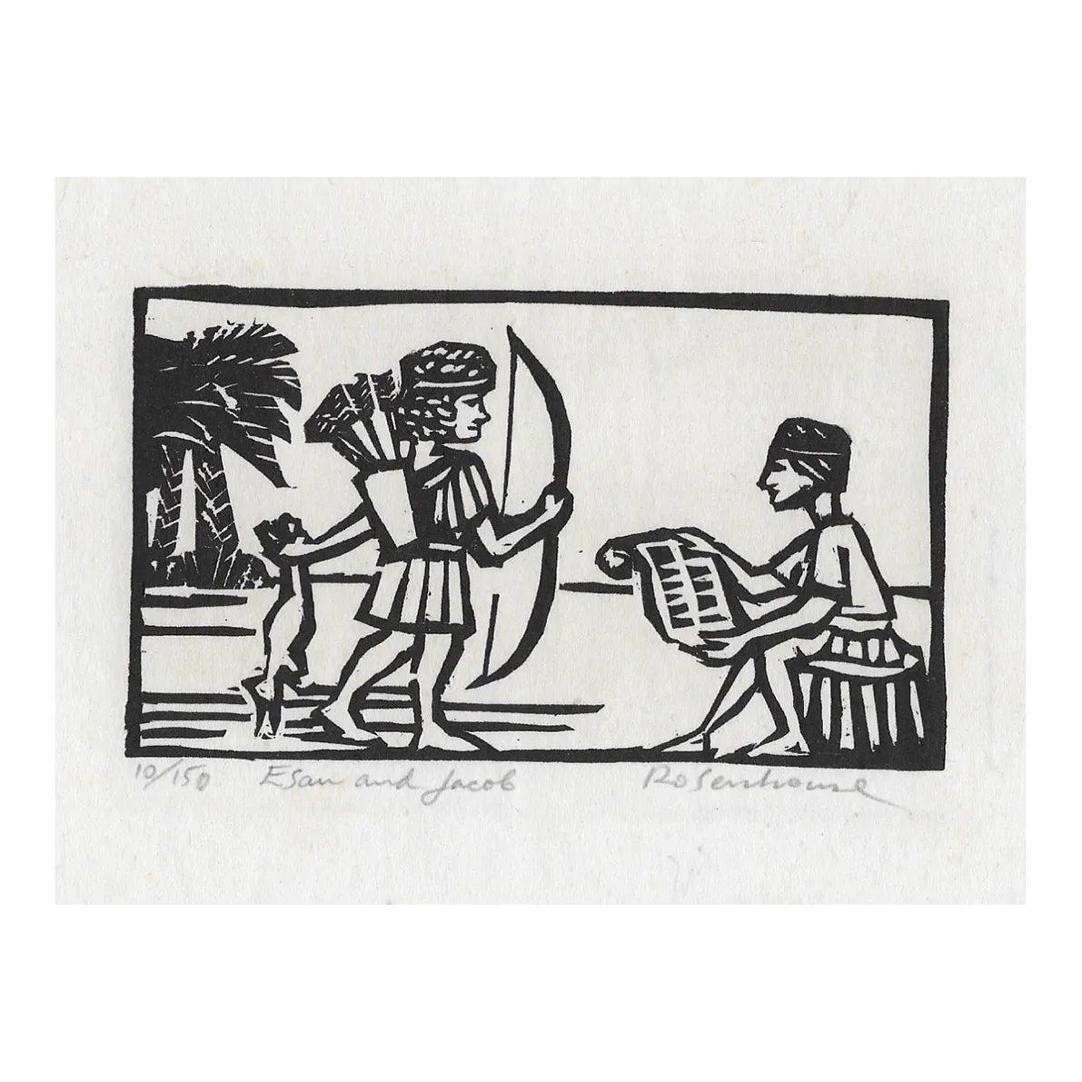 1966 Irwin Jacob Rosenhouse Esau and Jacob Woodcut | Chairish