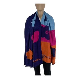 Chanel 50% Silk 50% Wool Multicolour Scarf Shawl For Sale