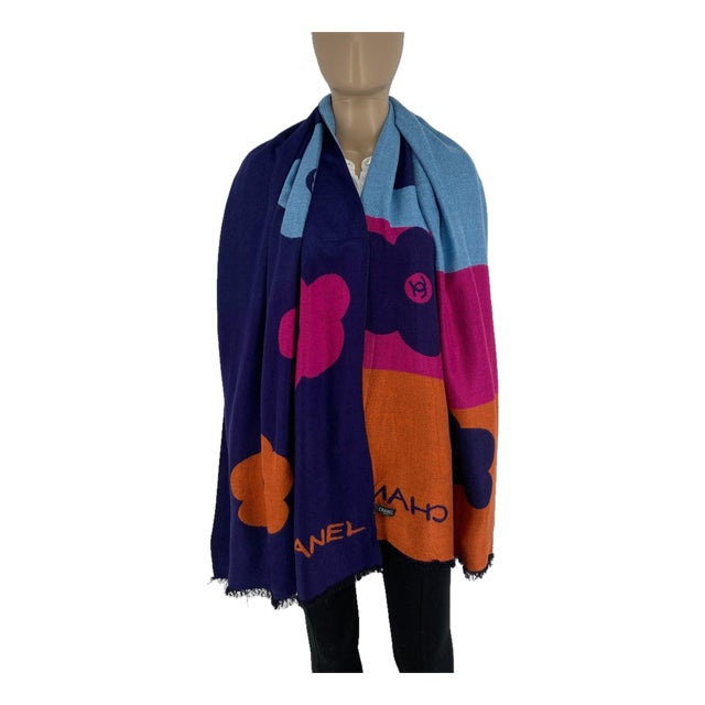 Chanel 50% Silk 50% Wool Multicolour Scarf Shawl For Sale
