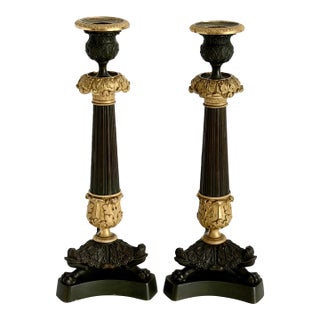 19th C French Charles X Gilt & Patinated Bronze Candlesticks - A Pair For Sale