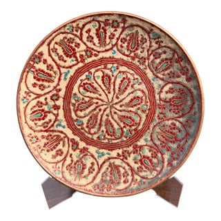 Vintage Persian Hand-Painted Enamel on Copper Wall Plate — Bohemian Decor For Sale