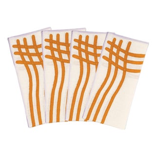 Misette Grid Embroidered Linen Napkins in Amber/Purple, Set of 4 For Sale
