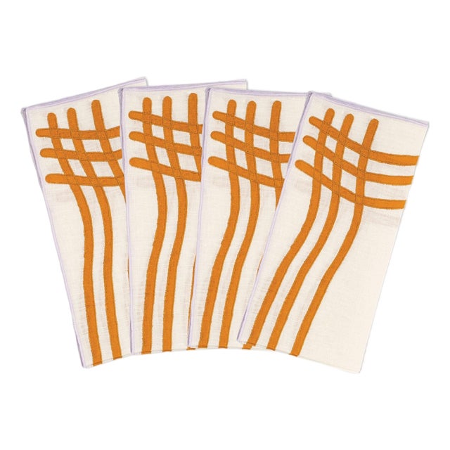Misette Grid Embroidered Linen Napkins in Amber/Purple, Set of 4 For Sale