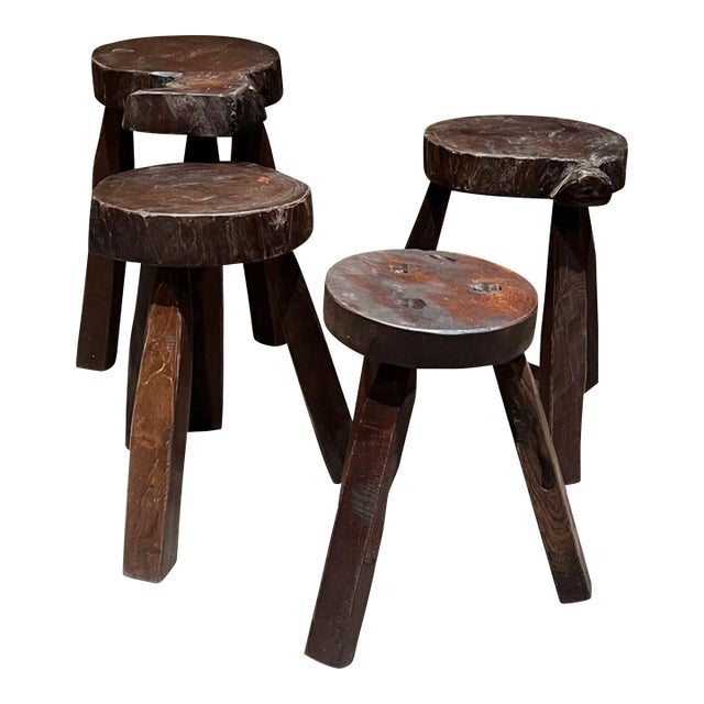 1950s Four Carved Wood Stools Style of Pierre Jeanneret For Sale
