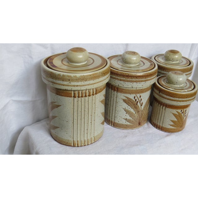 Cream Mid Century Earthenware Hand Painted Pottery Lidded Canisters- Set of 4 For Sale - Image 8 of 12