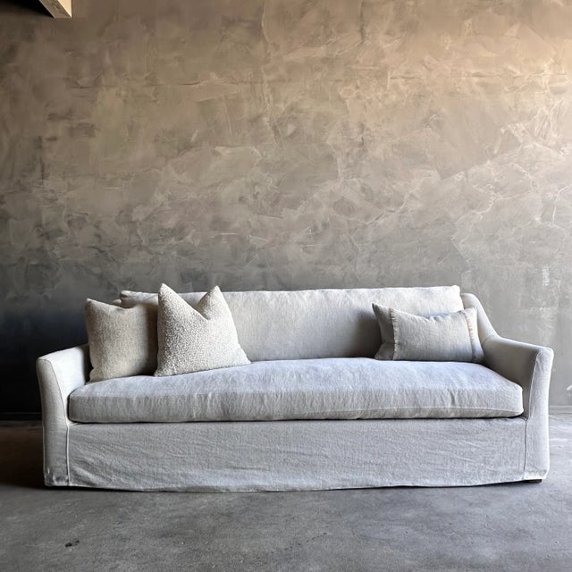 Mid-Century Modern Slipcovered Slope Arm Sofa in Stone Washed Greige Linen With Down Cushions For Sale - Image 3 of 10