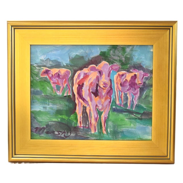 2020s Impressionist Abstract Fun Pink Cows Painting Including the Antiqued Gold Wood Frame For Sale - Image 5 of 5