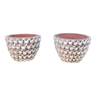 Vintage Pair of Terra Cotta Planters Seashell Covered For Sale