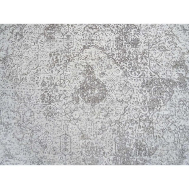 Textile Gray, Hand Knotted Broken Persian Design, Wool and Pure Silk, Round Oriental Rug For Sale - Image 7 of 9