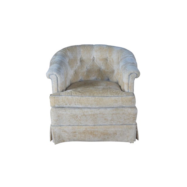 Mid century Hickory Tavern barrel back club chair featuring off cream and baby blue textured velvet with tufted back and...