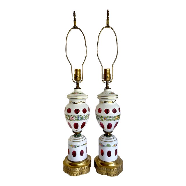 Antique Bohemian Czech Glass Floral and Brass Lamps - a Pair For Sale
