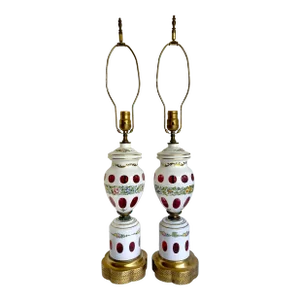 Antique Bohemian Czech Glass Floral and Brass Lamps - a Pair