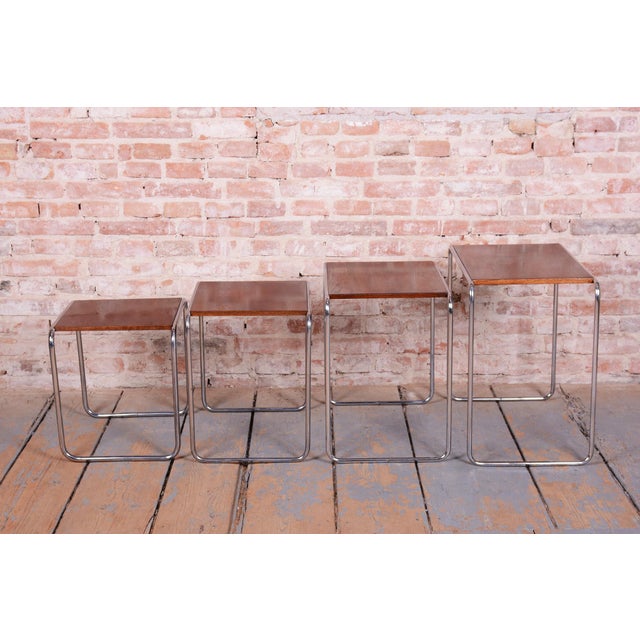 Nesting Tables in Oak and Chrome by M. Breuer for Thonet, Czech, 1920s, Set of 4 For Sale - Image 11 of 15