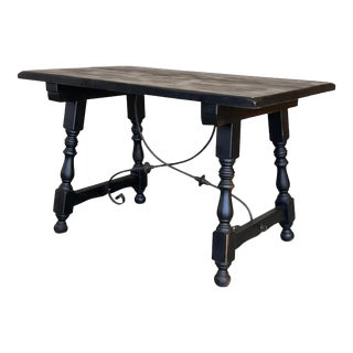 Late 19th Spanish Walnut Dining or Desk Fratino Table With Iron Stretcher For Sale