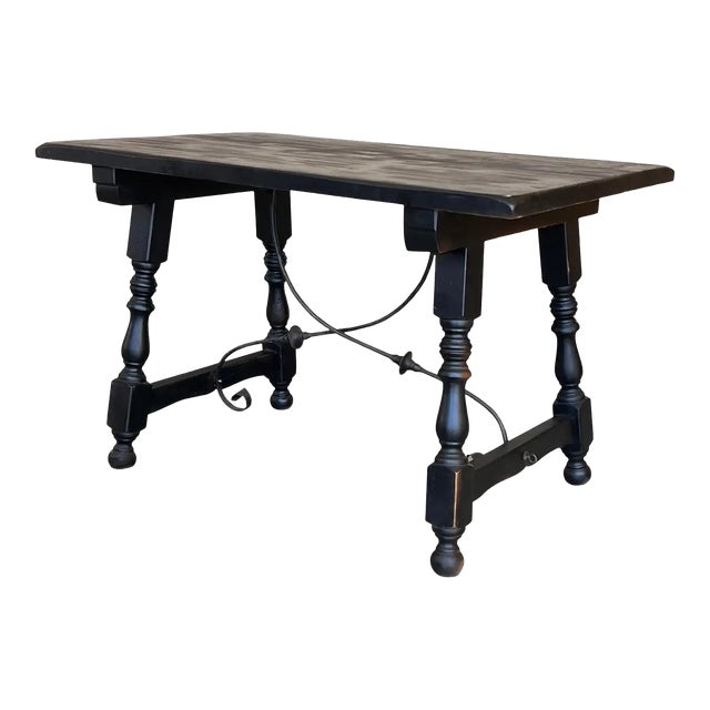 Late 19th Spanish Walnut Dining or Desk Fratino Table With Iron Stretcher For Sale