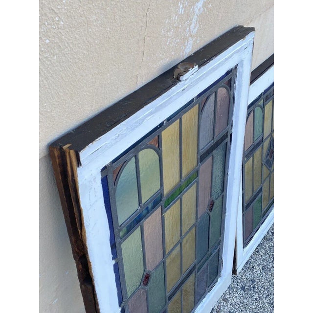 Pink Antique Art Deco Leaded Stained Glass Pink Green Blue Yellow Windows - (2) Pair For Sale - Image 8 of 13