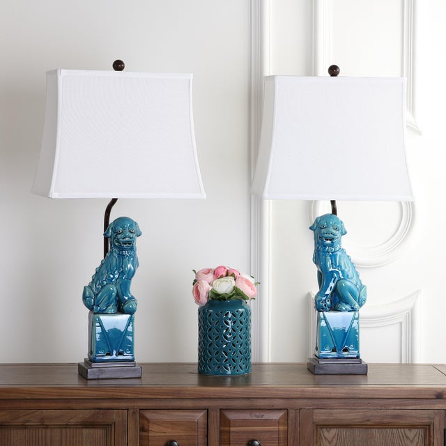 Textile Style of Foo Dog 28" Table Lamp in Blue - a Pair For Sale - Image 7 of 10