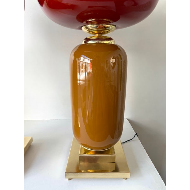 Red Contemporary Pair of Brass and Red Murano Glass Bulb Shade Lamps, Italy For Sale - Image 8 of 12