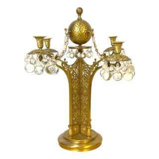 Vienna Secessionist Four-Light Gilt Metal & Crystal Candelabrum Austria, C. 1900 For Sale