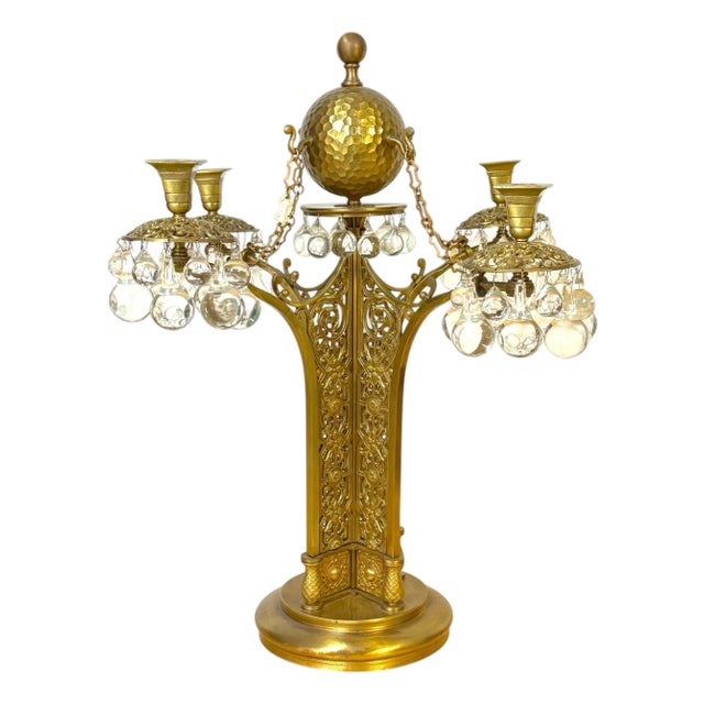 Vienna Secessionist Four-Light Gilt Metal & Crystal Candelabrum Austria, C. 1900 For Sale