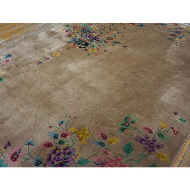 1920s Tan Sand Vase Floral Antique Chinese Art Deco Carpet 8'9" X 11'4" Knotted Wool Rug For Sale - Image 12 of 15