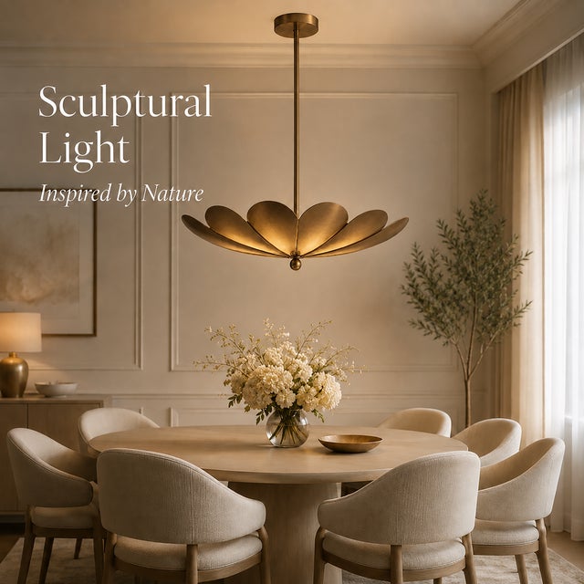 Handcrafted Brass Flower Chandelier, 4-Light Petal Pendant, Mid-Century Ceiling Fixture For Sale - Image 4 of 9