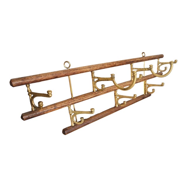 Antique French Brass and Oak Expandable Bistro Coat Rack For Sale
