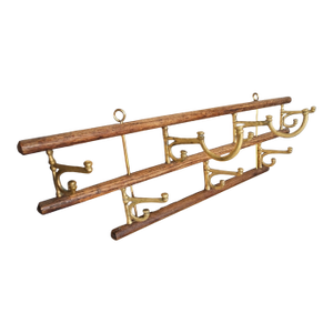 Antique French Brass and Oak Expandable Bistro Coat Rack