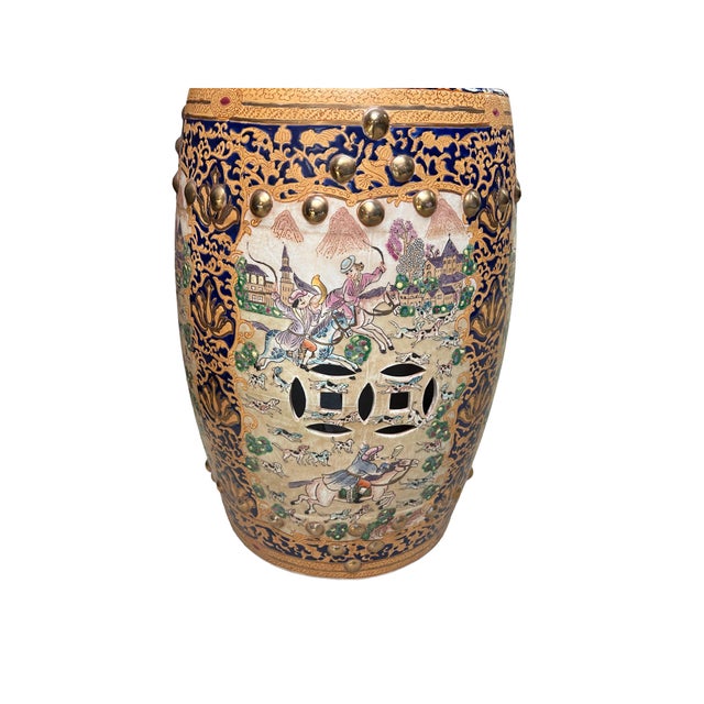 Gold Vintage Oriental Chinoiserie Western Graphic Porcelain Stool Table Ottoman For Sale - Image 8 of 9