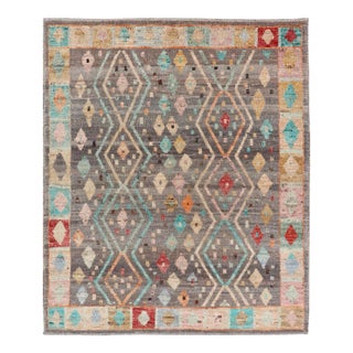 Mid 20th Century Modern Diamonds and Tribal Design Rug in Gray Background and Vivid Colors For Sale
