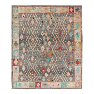 Mid 20th Century Modern Diamonds and Tribal Design Rug in Gray Background and Vivid Colors
