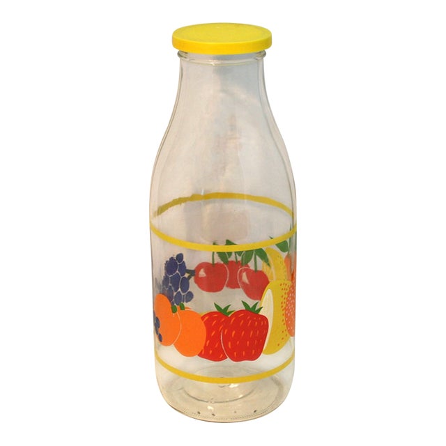 Vintage 1970s Jeannette Glass Colorful Fruit Lidded Quart Beverage Juice Bottle For Sale