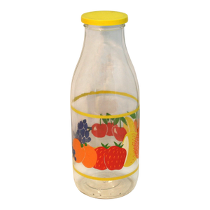 Vintage 1970s Jeannette Glass Colorful Fruit Lidded Quart Beverage Juice Bottle