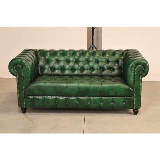 Chesterfield Style Green Leather Sofa For Sale - Image 11 of 16