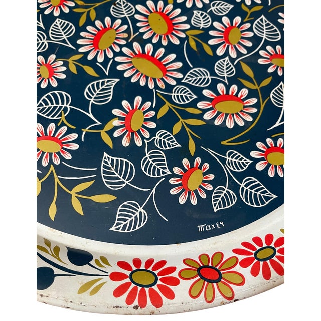 Mid-Century Modern Maxey Floral Metal Serving Tray, 16-Inch Round, Folk Art Style Vintage MCM Boho For Sale - Image 3 of 8