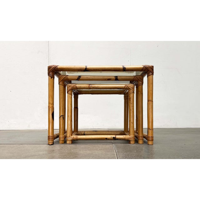 Mid-Century Modern Bamboo and Glass Nesting Tables, 1960s, Set of 3 For Sale - Image 15 of 18