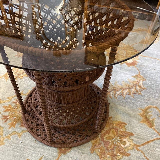 1960s Handwoven Macrame Side Table With Glass For Sale - Image 4 of 5