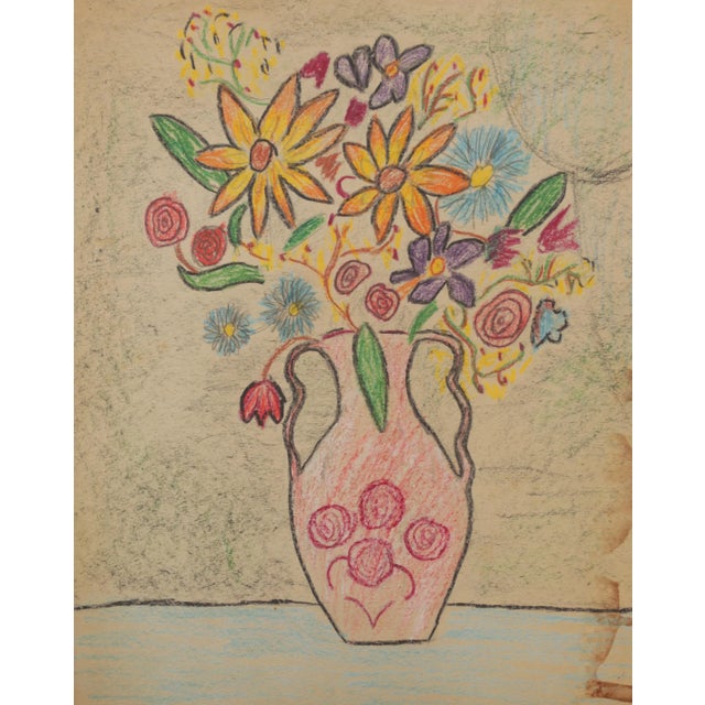 Swedish 1940s Folk Art Naive Floral Arrangement Still Life, crayon on paper. Mid-Century drawing depicting a vibrant...