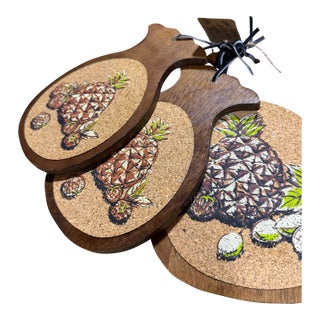 Vintage Mid-Century Modern Pineapple Cork & Wood Hot Plate Trivet Coaster Set - Set of 5 For Sale