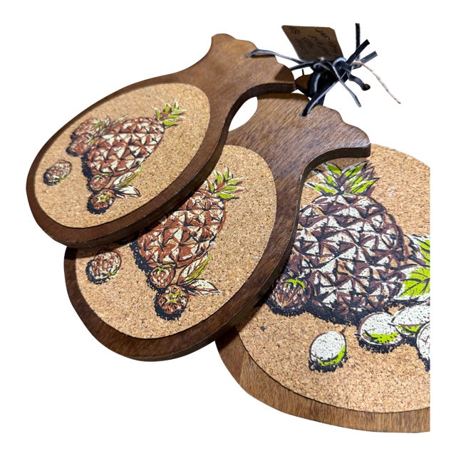 Vintage Mid-Century Modern Pineapple Cork & Wood Hot Plate Trivet Coaster Set - Set of 5 For Sale